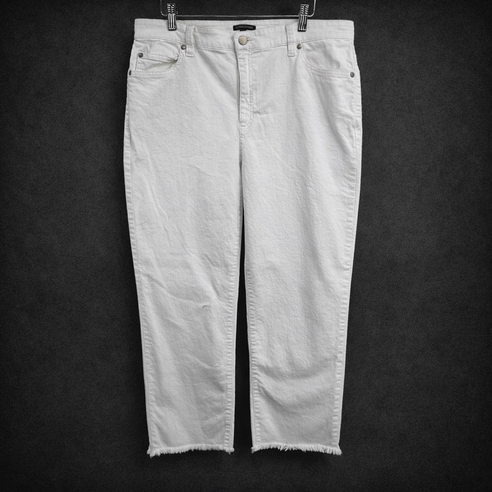 Eileen Fisher Women Jeans White Organic Cotton Raw Hem Ankle Crop Straight Large